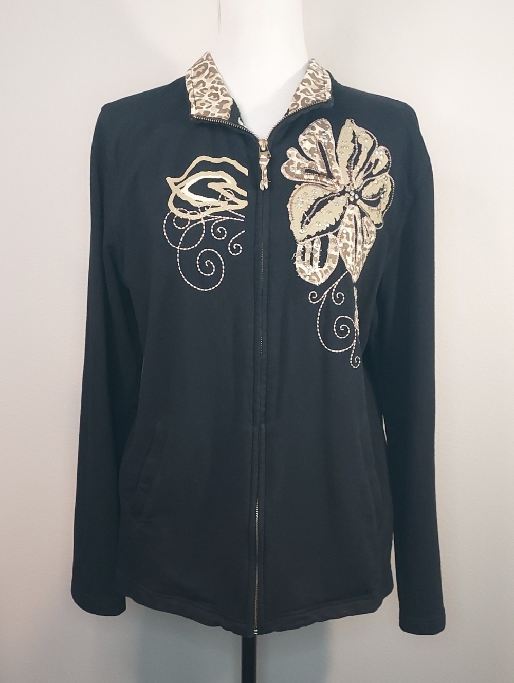 JM Collection Black Gold Leopard Floral Embellished Zip-Up Jacket Size Large